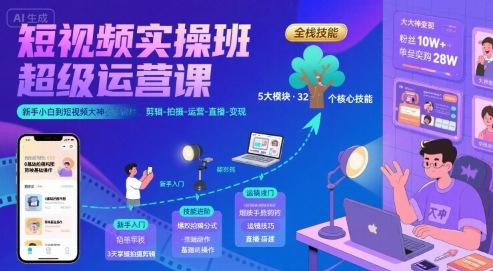 短视频实操班超级运营课，新手小白到短视频大神必修课程，剪辑-拍摄-运营-直播-变现-727网创