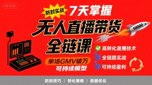 无人直播带货全链防封实战课，7天掌握高转化直播技术，实现单场GMV破万可持续模型-727网创