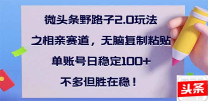 （14334期）微头条野路子2.0玩法之相亲赛道，无脑搬砖复制粘贴，单账号日稳定300+…-727网创