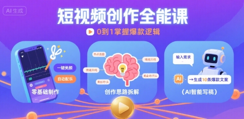 短视频创作课，短视频制作、创作思路、Ai写爆款文案-727网创