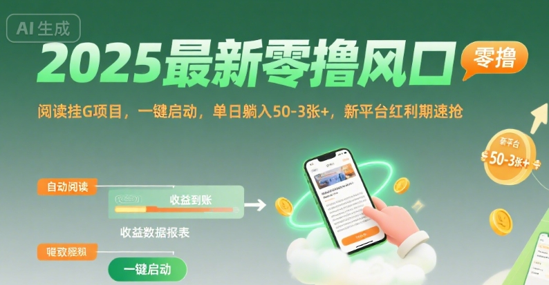 2025最新零撸风口，阅读挂G项目，一键启动，单日躺入 50-3张+，新平台红利期速抢【揭秘】-727网创