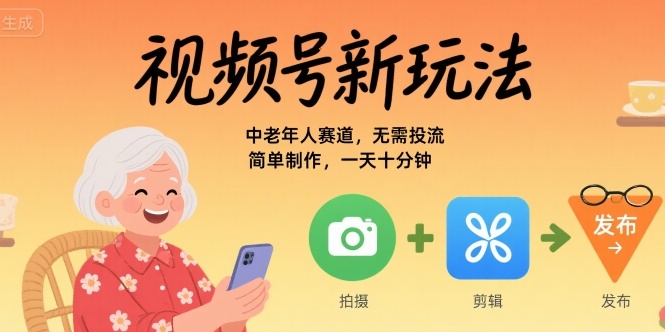 视频号新玩法，中老年人赛道，无需投流，简单制作，一天十分钟，月入1W-727网创