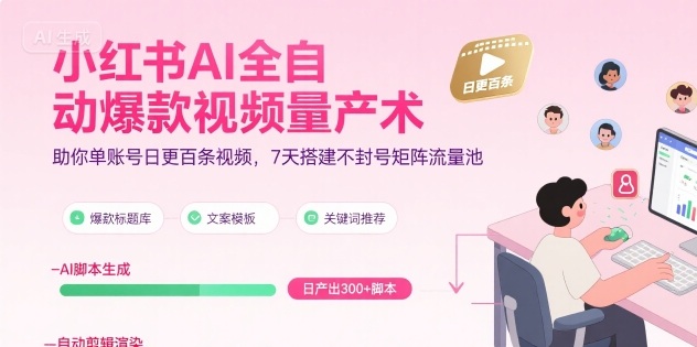 小红书AI全自动爆款视频量产术，助你单账号日更百条视频，7天搭建不封号矩阵流量池-727网创