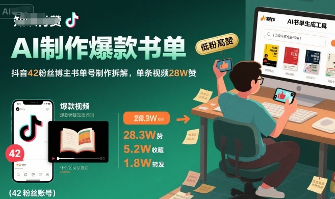 AI制作爆款书单，抖音42粉丝博主书单号制作拆解，单条视频28W赞-727网创